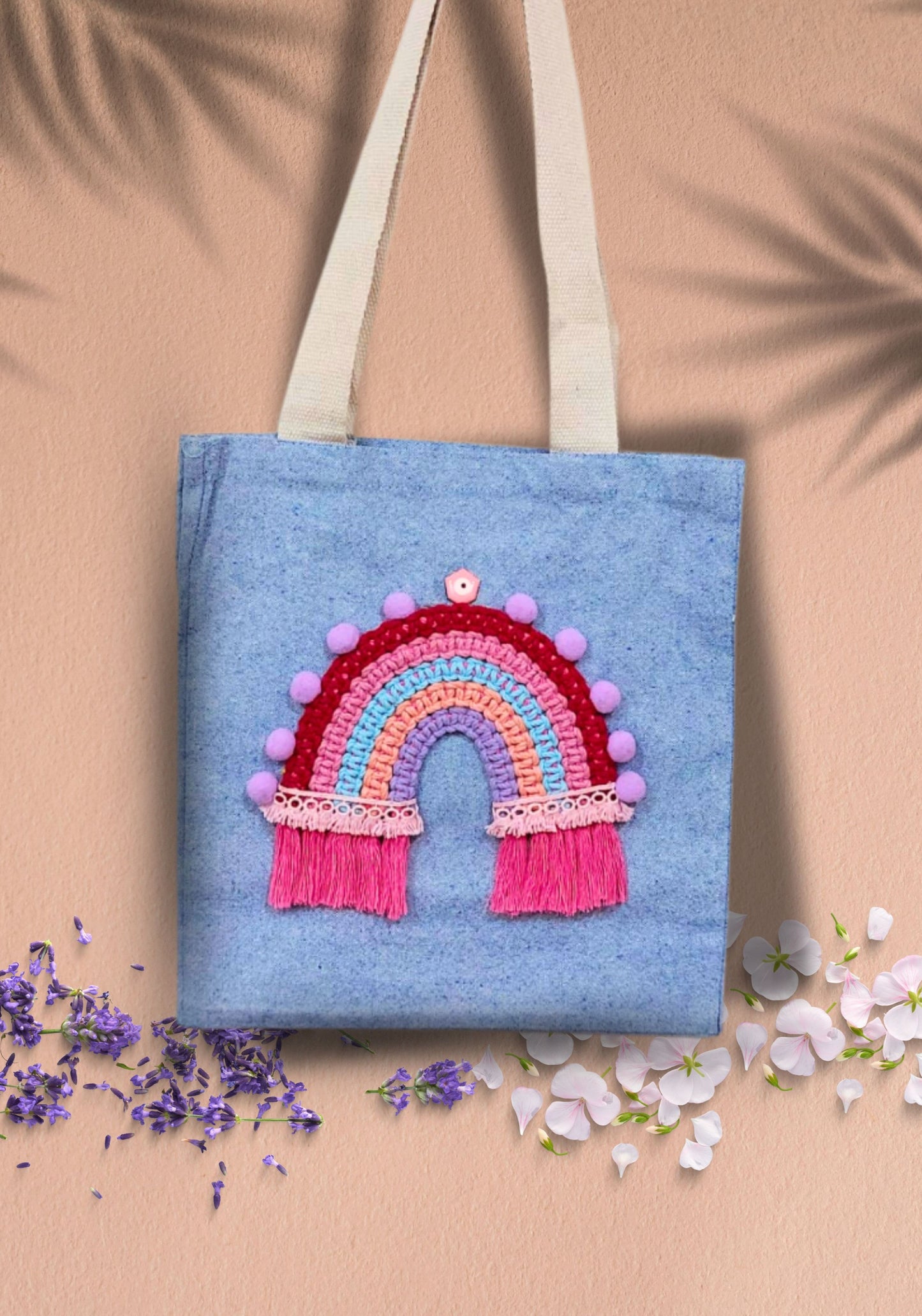 Big Macrame Rainbow on Denim Tote Bag